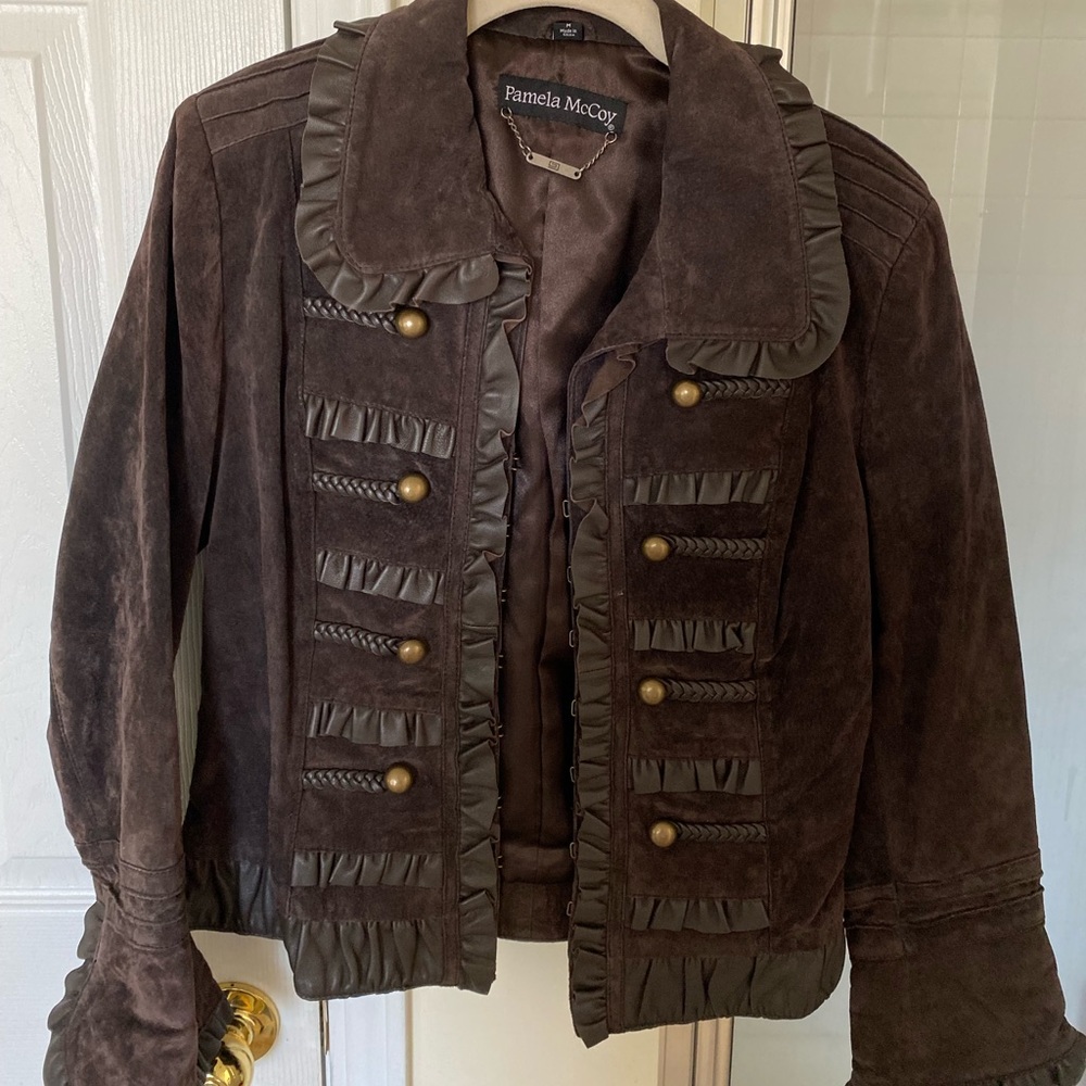 Pamela McCoy Brown Leather Ruffled Jacket Size M